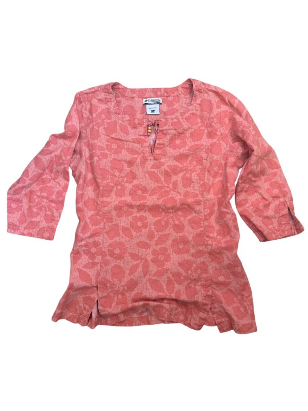 Columbia Womens Tunic Top L Pink Floral Cotton-Linen 3/4 Sleeves Split Hem Boho
